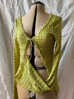 S Lime Green Y2K Shrug Tie Top with Bell Sleeves